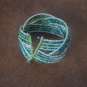 Boho Woven Seed Bead Wire Cuff Bracelet Teal Blue Green Silver Multi Strand Wide